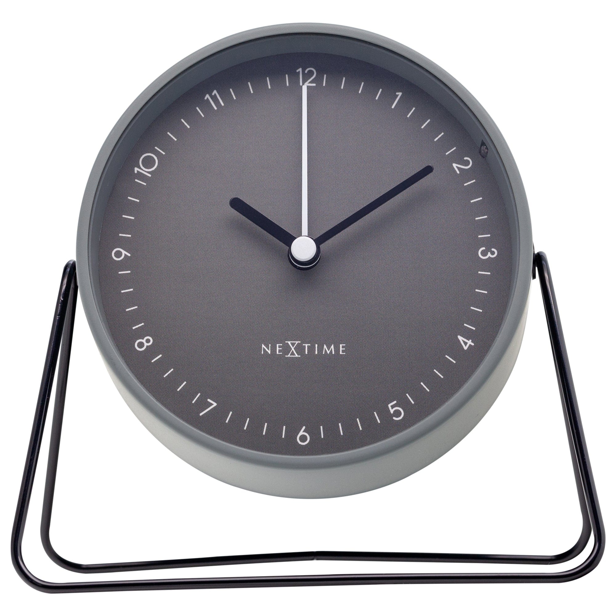 NeXtime Clocks Berlin table alarm clock, silent metal design, 14x13x7cm, front view showing sleek modern style.